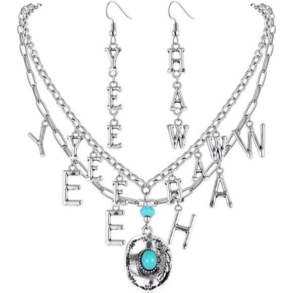 Western "Yee Haw" Turquoise Jewelry Set – Cowgirl Necklace & Earrings Rodeo - Picture 1 of 5